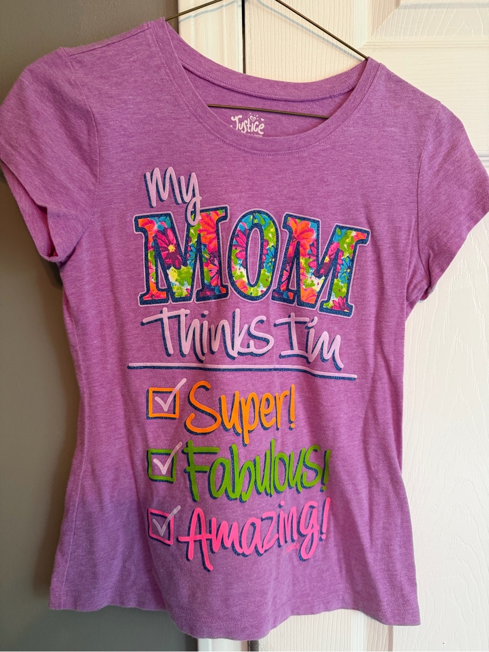 Justice Girls 12 Purple Graphic Tee with Colorful Floral 'My MOM' Design